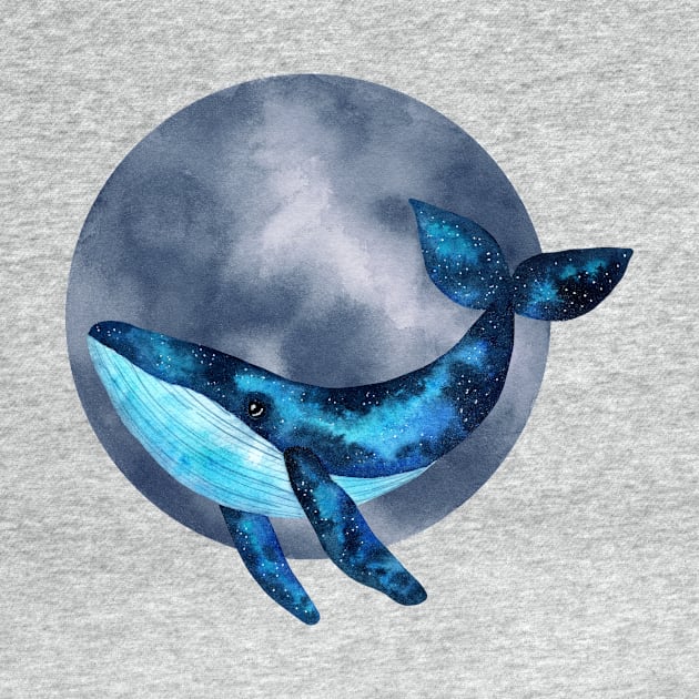 Cute watercolor space blue whale illustration with blue moon bubble by Ieva Li ART